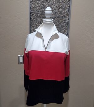 Lauren Jeans Co. Colorblock Quarter-Zip Pullover Sweatshirt in White/Red/Black